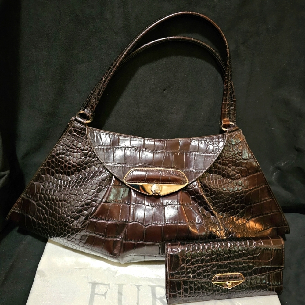 FURLA CROC BAG & MATCHING WALLET (EUC)